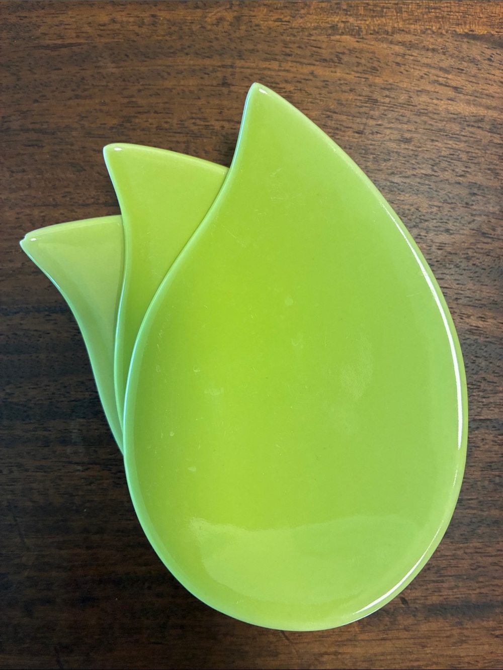 Set of 3 CB2 Green Teardrop Comma Appetizer/Tidbit Plates